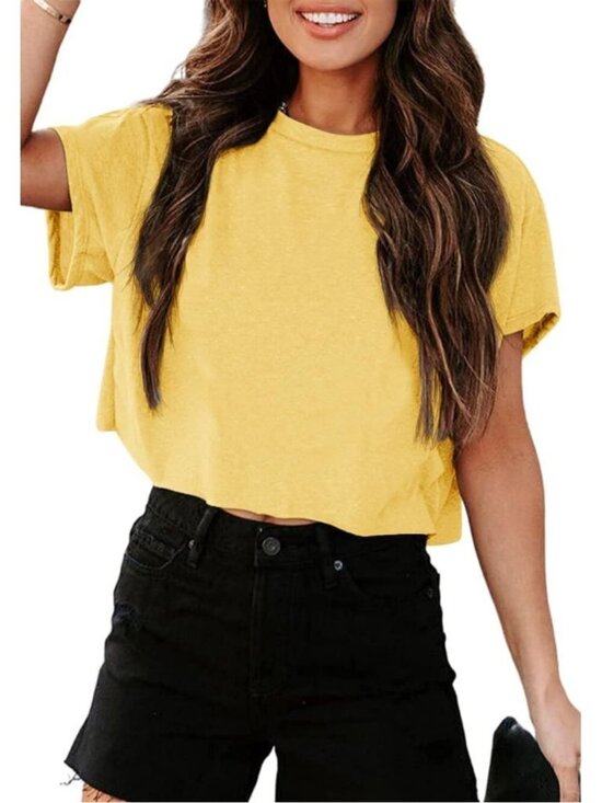 Tops - Women's Yellow Short Sleeve Crew Neck Loose Casual Drop Shoulder Crop Tops
